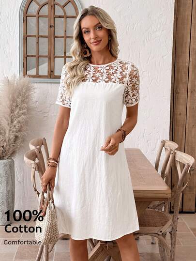 EMERY ROSE Women's Casual Hollow Flower Patchwork Mini Dress For Vacation Summer Dress Casual Dresses For Women Vacation Outfits Women Holiday Dress White Dress Summer Outfits For Women Cotton Women's Clothing 100% Cotton From Spring To Summer Valentine Outfits For Women Going Out Dress