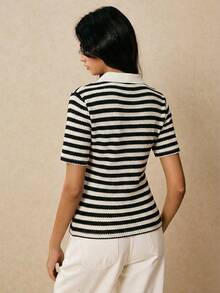 Poéselle Women's Casual Striped Slim Fit Short Sleeve T-Shirt, Summer, Striped Knit Top, Women Summer Tops, Knit Polo Shirt, Preppy Summer Top, Preppy Style Tops