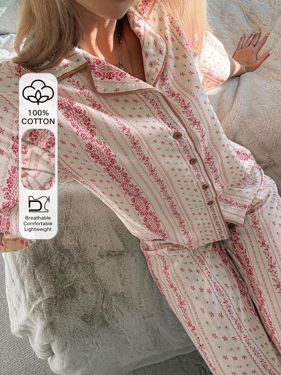 DAZY 复古印花全身图案女士睡衣套装，适合度假 - 杏色 - 查看 1