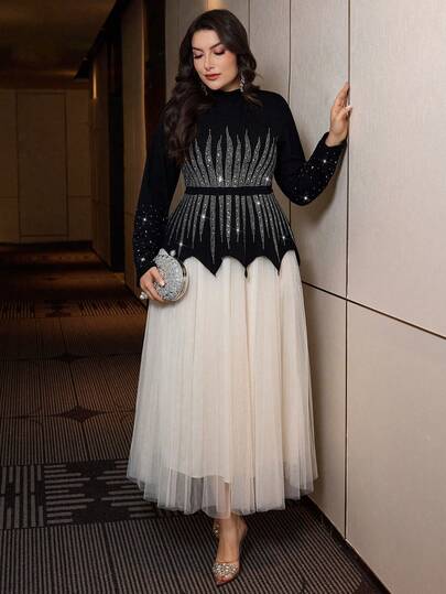 Modelyn Plus Size Women's Mesh Contrast Color Long Sleeve High Collar Front Rhinestone Embellished Elegant Shiny Long Sleeve Party Dress