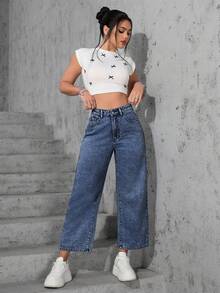 SHEIN ICON 大码女式休闲宽松直筒浅蓝色牛仔裤 - 中等水洗藍 - 查看 6