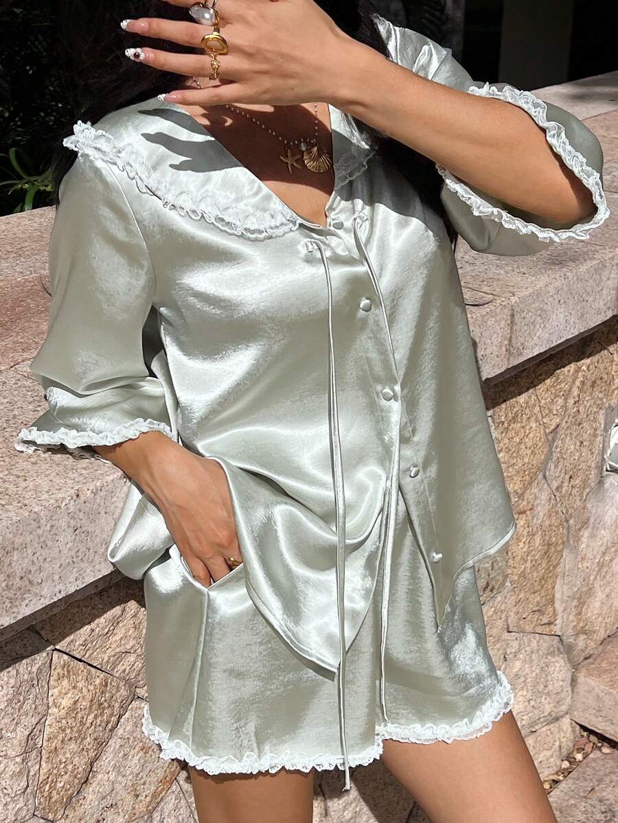 DAZY Satin Lace Trim Sailor Collar Women Pajama Set, Sweet & Glossy - Green - View 1