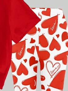 春夏秋季少女休闲时尚创意个性清新简约可爱线条爱心图案字母标语印花宽松T恤和打底裤两件套，舒适套装，适合情人节节日氛围，红色少女套装，儿童打底裤套装 - 彩色 - 查看 7