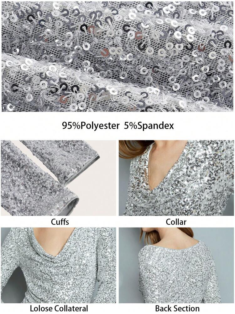 SHEIN Maija Damen glitzernde silberne Pailletten Cowl Neck Raffung Langarm Pullover Party Bluse Valentinstag, Festival