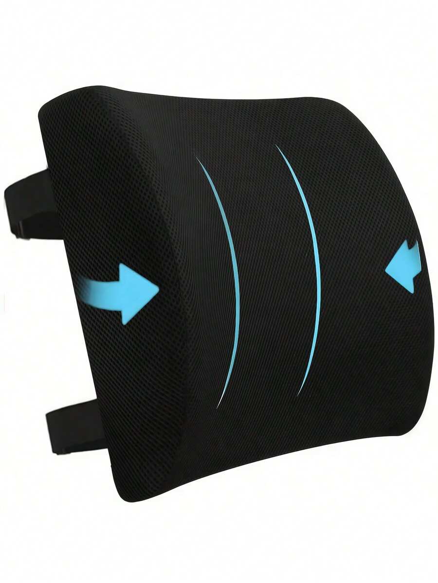 1个记忆棉腰部支撑垫，舒适靠背枕，适用于办公椅、汽车座椅、游戏椅，缓解背部疼痛，可调节绑带，黑色 - 黑色 - 查看 1