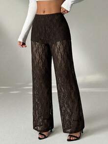 SHEIN PETITE Women's Elastic Waist Floral Lace Straight Loose Fashion Pants Lace Pants See Through Pants - Brown - View 7