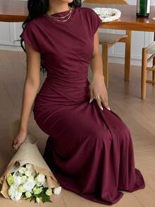 Serisse 女士优雅纯色收腰长连衣裙，夏季 - 酒紅色 - 查看 1