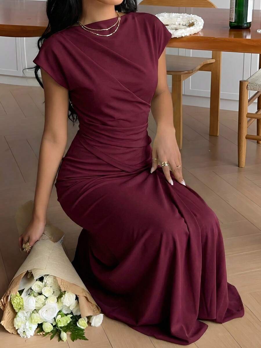 Serisse 女士优雅纯色收腰长连衣裙，夏季 - 酒紅色 - 查看 1