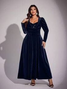 Viva Relle Plus Size Solid Color Sweetheart Neck Draped Elegant Long Sleeve Dress - Royal Blue - View 4
