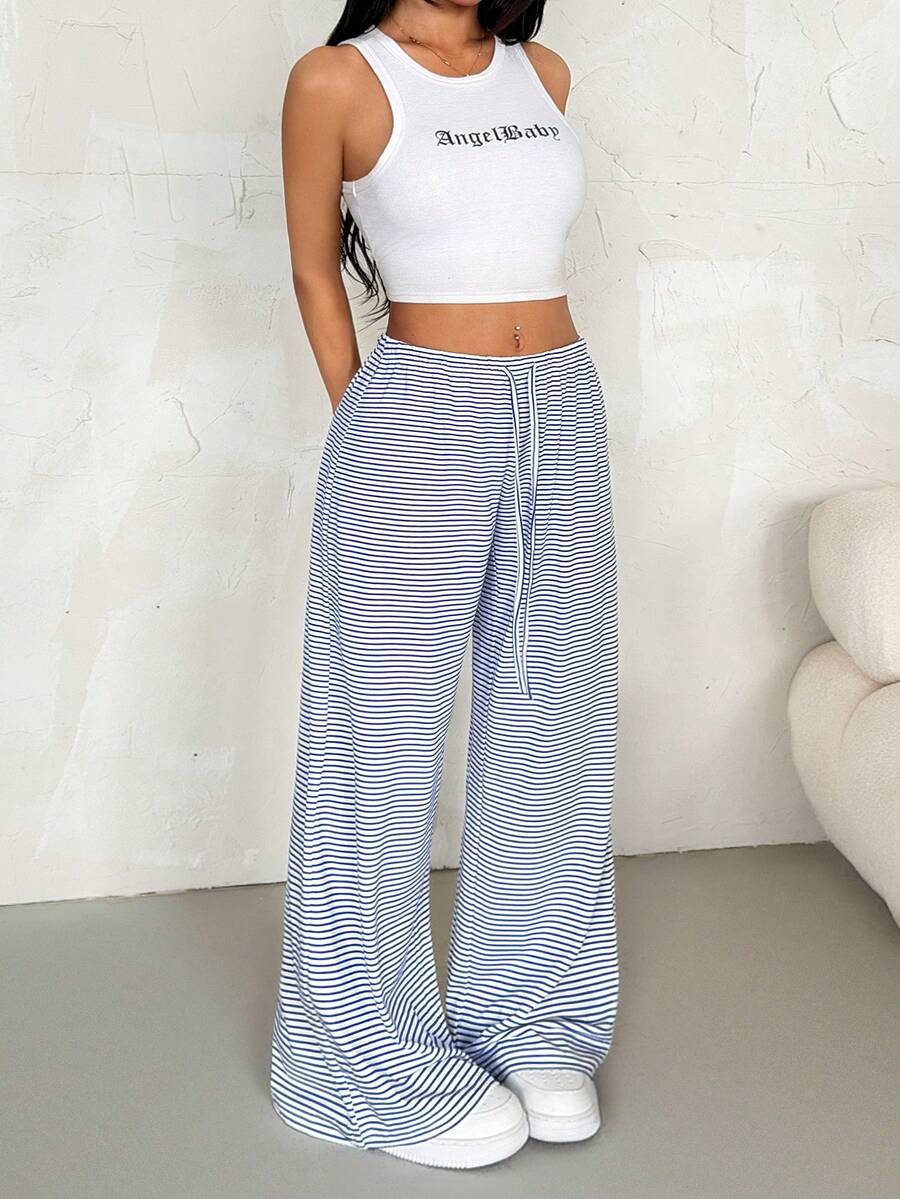 SHEIN PETITE Women's Casual Wide Leg Pants, Versatile All-Match Style Suitable For Spring And Summer - Black and White - View 1