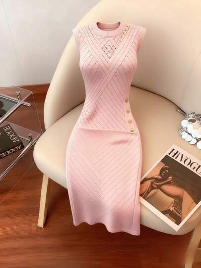 GlowEve Women's Simple Solid Color Hollow Out Knitted Button Decor Dress, Summer