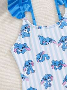 SHEIN GraphicGems Young Girls' Knitted Rabbit Print One-Piece Swimsuit With Shoulder Straps And Ruffle Design, Fashionable And Cute For Holiday, Swimming, Summer Beach - Blue - View 3