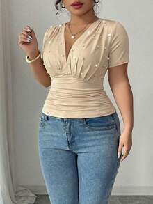 Elenzga Plus Size Women's Elegant & Chic Party Sexy Short Sleeve V-Neck Pearl Decor Waist Fitted Stretchy Knit Top, Spring/Summer - Apricot - View 5