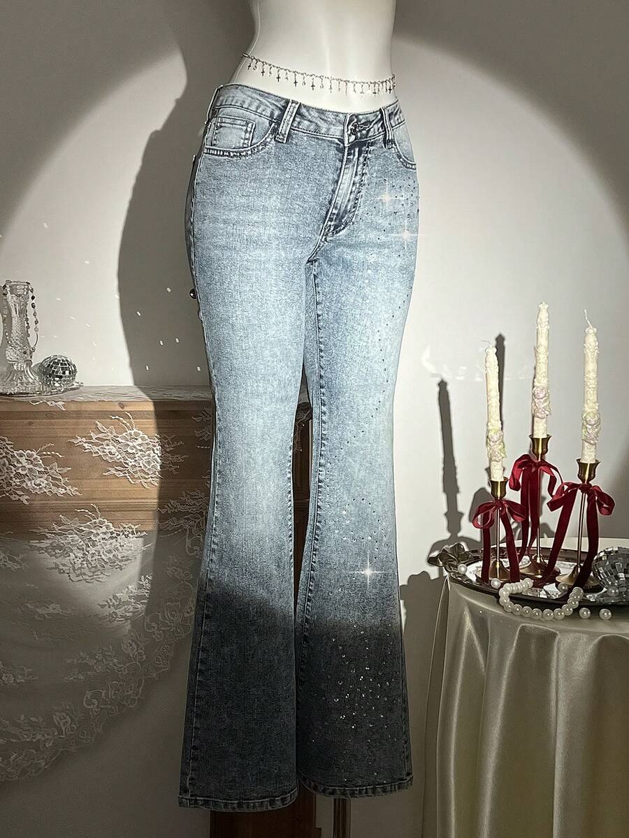 Elamini 女士休闲时尚街头日常通勤水钻装饰喇叭牛仔裤 - 淺色水洗藍 - 查看 1