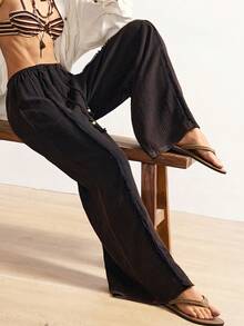 Bohemela 女士休闲纯色梭织宽松水洗裤 - 黑色 - 查看 1