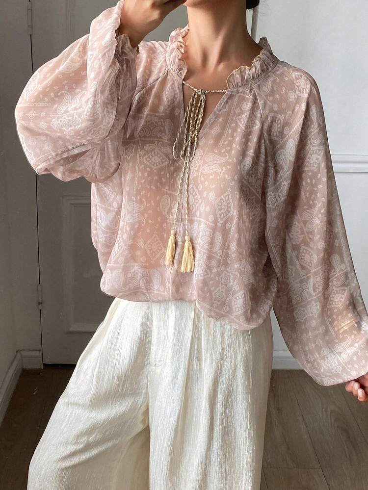 Women's Floral Print Loose Lantern Sleeve Tassel Tie Elegant Vacation Blouse, Spring/Autumn