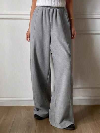 DAZY Women's Loose Solid Color Wide Leg Pants, Elastic Waist Casual Sports Trousers, Spring/Autumn