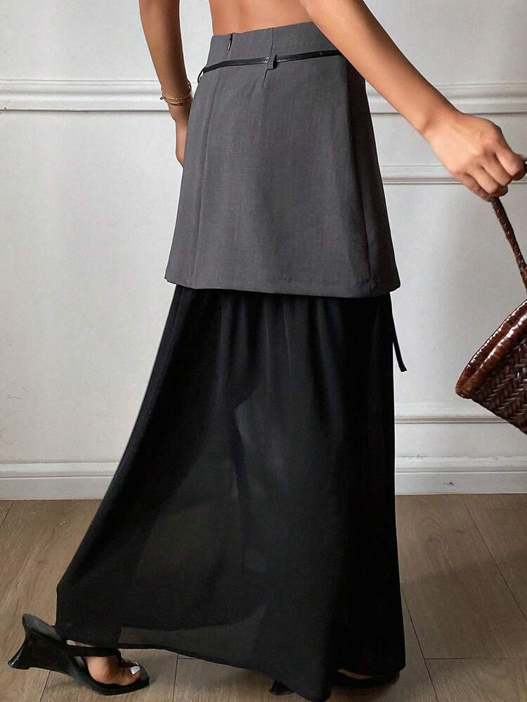 Contrast Mesh Waist Belt Long Elegant Skirt For Women, Spring/Autumn