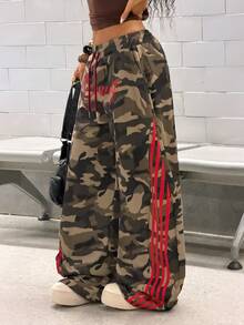 StreetHx Women's Green Camouflage Pattern, Red Vintage Embroidered Letter, Side Red Ribbon Decor Streetwear Punk Rock Casual Oversized Flared Leg Pants - Multicolor - View 3