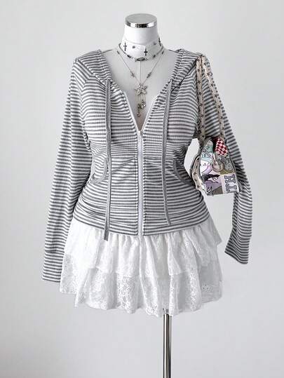 Sunspun Plus Size Women's New Vintage Casual College Style Striped Long Sleeve Hooded Lightweight Jacket, Outerwear, Tops, Y2K Back To School, Office Lady Fashion, Suitable For Spring, Autumn, Winter