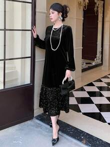 DAZY Women's Solid Color Round Neck Lantern Sleeve Sequin Ruffle Hem Elegant Dress - Black - View 5