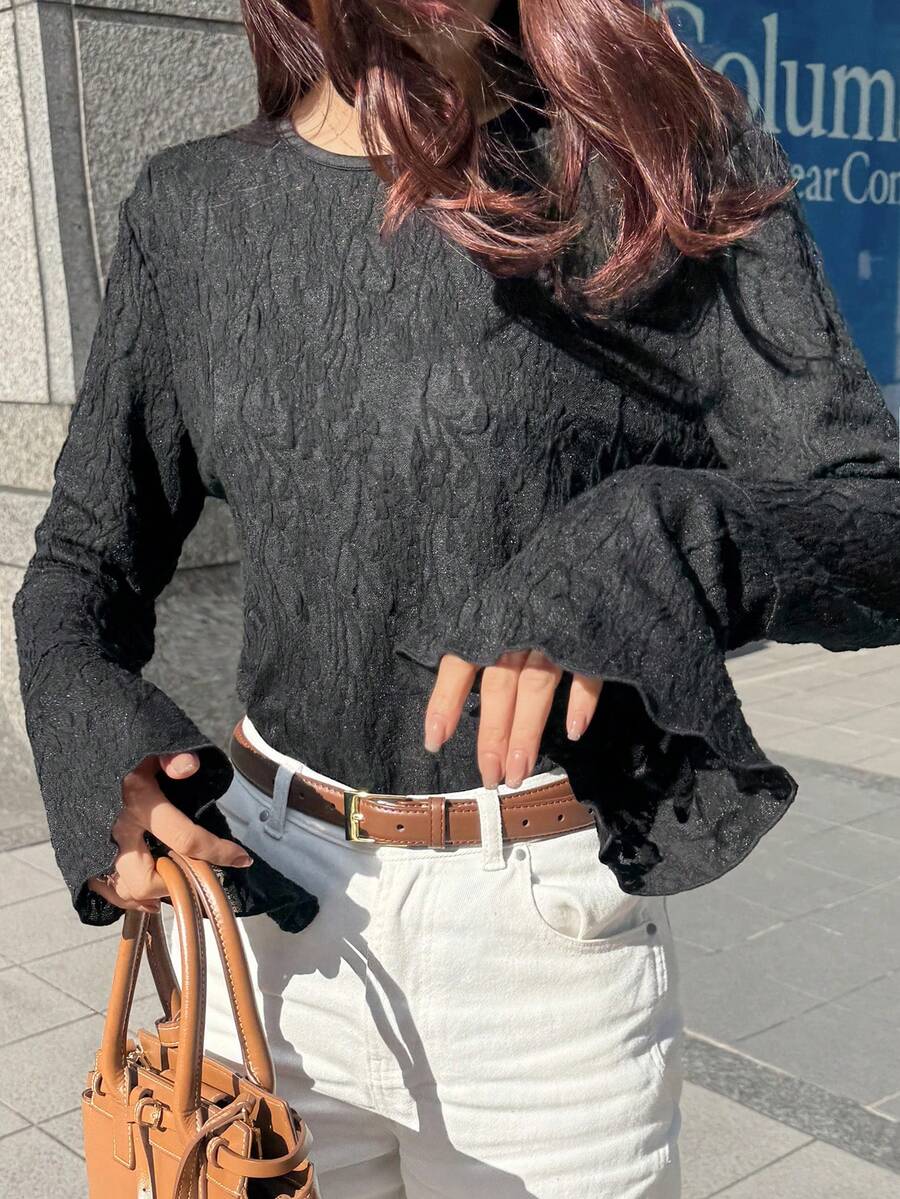 FRIFUL 女士圆领蕾丝面料修身喇叭袖纯色休闲T恤 - 黑色 - 查看 1