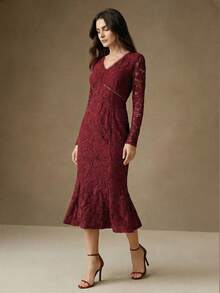 Anewsta French Elegant Embroidered Lace Spring Dress, Hollow V-Neck Long Sleeve Lace Fitted Mermaid Dress - Burgundy - View 3