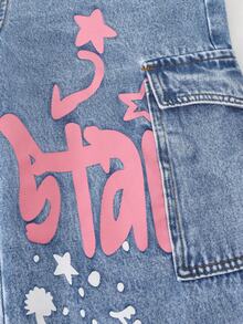SHEIN ChillGRL 1 chiếc quần jeans nữ tuổi teen phong cách thường ngày sành điệu, kiểu dáng đường phố, in chữ hoạt hình, phong cách sinh viên, đi nghỉ mát, dáng rộng, đã giặt. - Rửa nhẹ - Xem 8