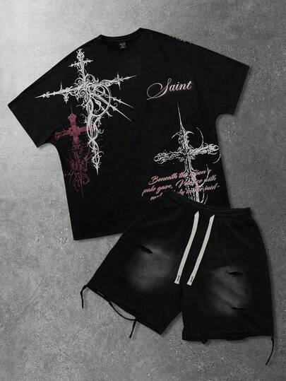 ROMWE MEN Goth Men's Slogan Cross Print Round Neck Short Sleeve T-Shirt And Drawstring Waist Shorts Set