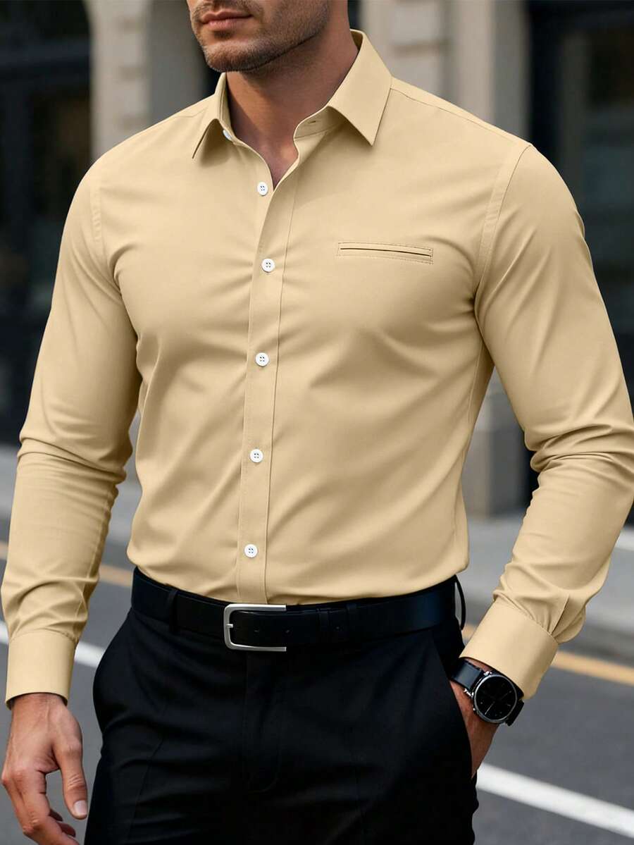 Manfinity Bizformal Men's Solid Color Single-Breasted Casual Business Long Sleeve Shirt - Khaki - View 1