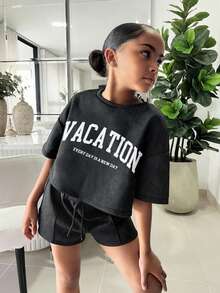 SHEIN 2 件套青少年女孩宽松短款 T 恤 + 紧身短裤，适合日常穿着的休闲搭配 - 黑色 - 查看 4