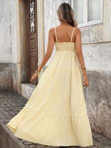 Pariaura 女士法式度假风吊带荷叶边收腰修身长款纹理黄色连衣裙，春夏款 - 黃色 - 查看 2