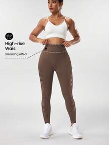 Gameset SHEIN Sport 女士高腰镂空网眼拼接运动瑜伽紧身裤 - 棕色 - 查看 5