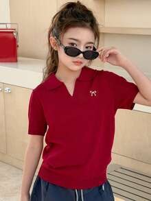 Dazy Kids Tween Girl Bow Embroidery Collar Short Sleeve Casual Knit Top - Burgundy - View 6