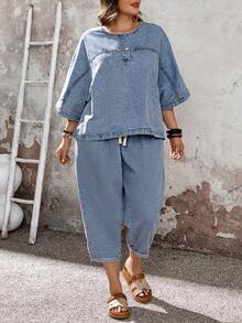 EMERY ROSE Bộ đồ denim cỡ lớn gồm áo dài tay và quần dài (2 món) - Màu xanh lam - Xem 4