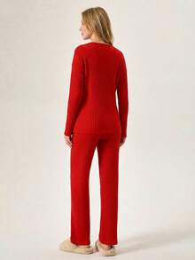 Loomlin 100%Cotton Letter Graphic Ribbed Knit Lounge Set - Red - View 2