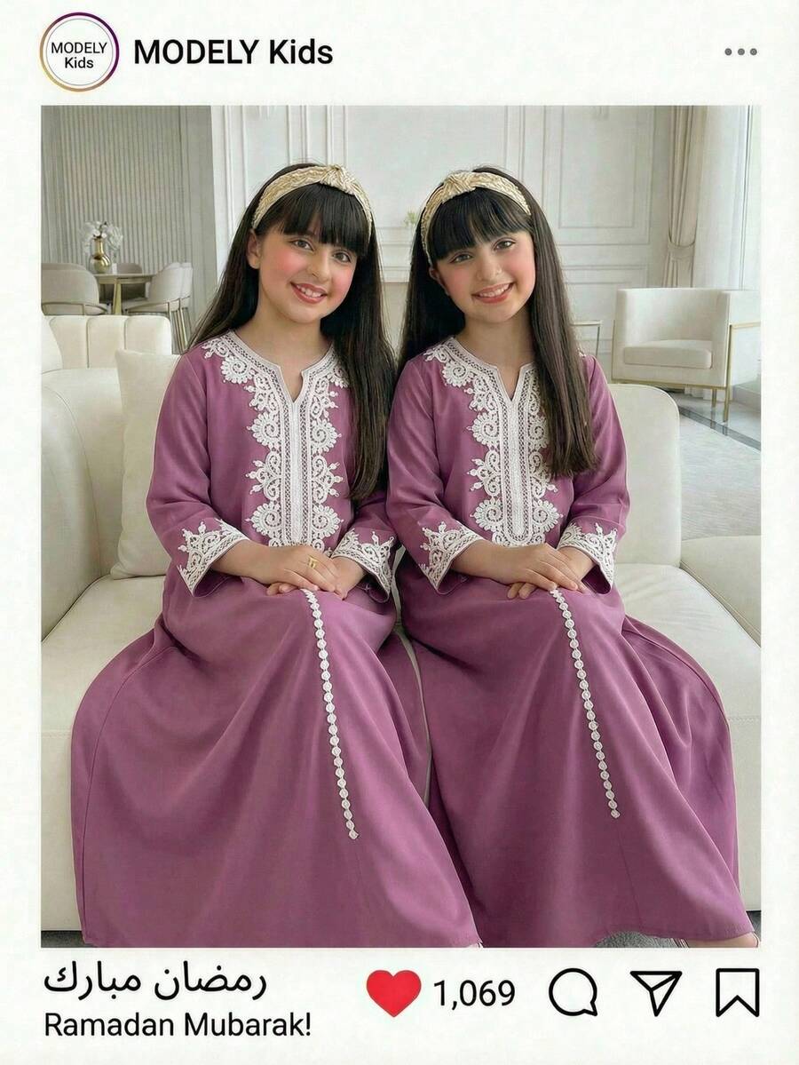 1pc Girls' Modest Water-Soluble Lace Trim 3/4 Sleeve Dress, Regular Thickness Woven Fabric, Suitable For Daily Wear, Outings, Festivals, Parties In Middle East Region, Fits Girls Aged 8-12, Spring/Summer - Red Violet - View 1