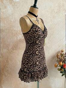 Attitoon 休闲复古朋克 Y2K 百搭派对、音乐节、哥特风、西部风豹纹网纱蕾丝拼接蝴蝶结荷叶边迷你连衣裙，适合夏季外出穿着。 - 彩色 - 查看 4