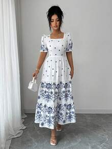 Rafferiza Women's Elegant White And Blue Floral Mid-Length Dress,Square Neckline,Gathered Back Yoke,Elastic Waist,Summer Holiday Vacation Casual Floral Dress - Multicolor - View 7