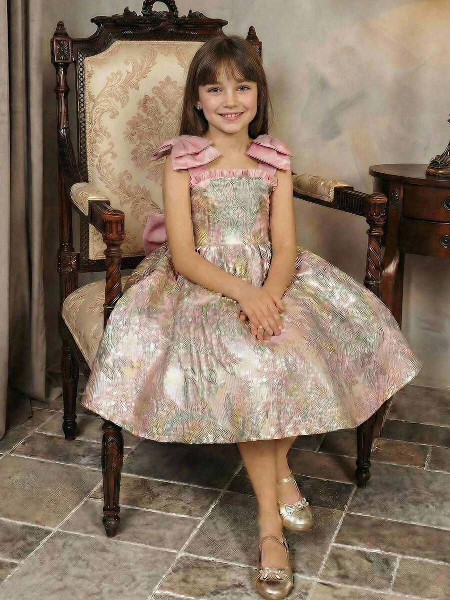 SHEIN Tween Girl Beaded Shoulder Bow Back Butterfly Jacquard Sleeveless Dress