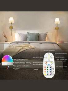Wireless Battery Powered Wall Lamp, Gold Rechargeable Dimmable Wall Light With Detachable Bulb And Remote Control, 15 Colors Wireless Wall Lamp For Bedroom, Living Room, Hallway - 1Pack - View 11