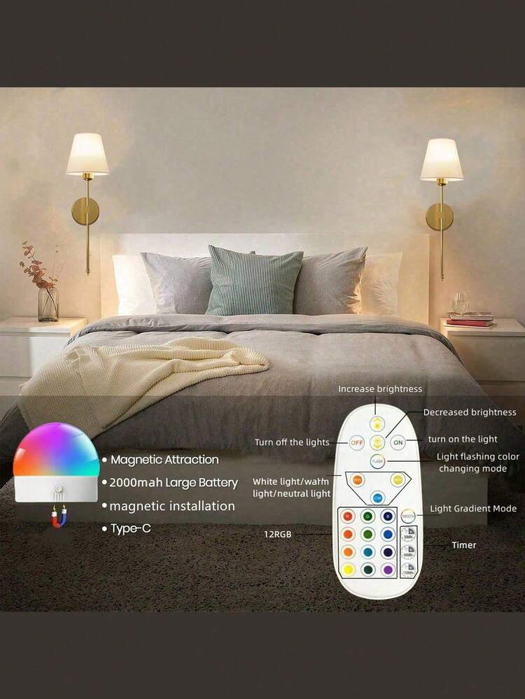 无线电池供电壁灯，金色可充电可调光壁灯，带可拆卸灯泡和遥控器，15种颜色可选，适用于卧室、客厅、走廊 - 1Pack - 查看 9