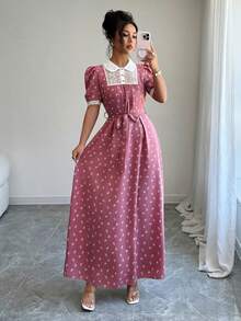 Modelyn Đầm hoa thanh lịch dành cho nữ, màu đen dệt họa tiết nơ, phối ren tương phản, tay ngắn, dáng chữ A, xếp ly, có thắt lưng. - Hồng - Xem 5