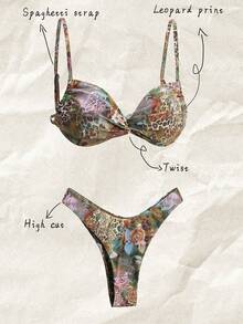 Elavelle 女士性感豹纹细肩带扭结高开叉比基尼泳装套装，沙滩装 - 彩色 - 查看 2