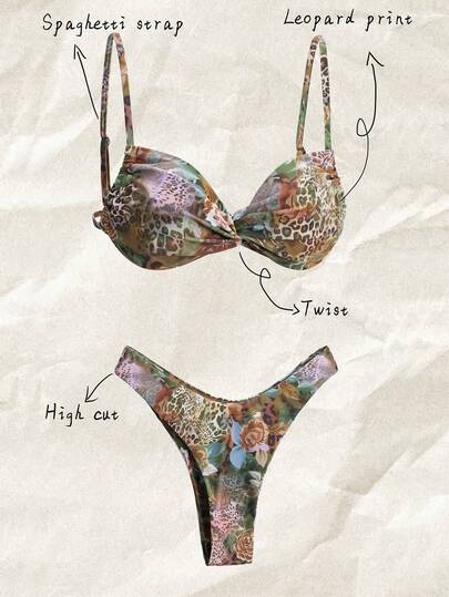 Elavelle Women Sexy Leopard Print Spaghetti Strap Twisted Knot High Cut Bikini Swimwear Sets, Beachwear For Summer Beach Vacation