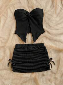 SHEIN Conjunto de 2 piezas de top sin mangas y falda asimétrica holgada, informal y minimalista para niña preadolescente - Negro - Ver 5