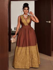 Maweii Plus Size V-Neck Geometric Pattern Ruffle Hem Sleeveless Dress - Brown - View 1
