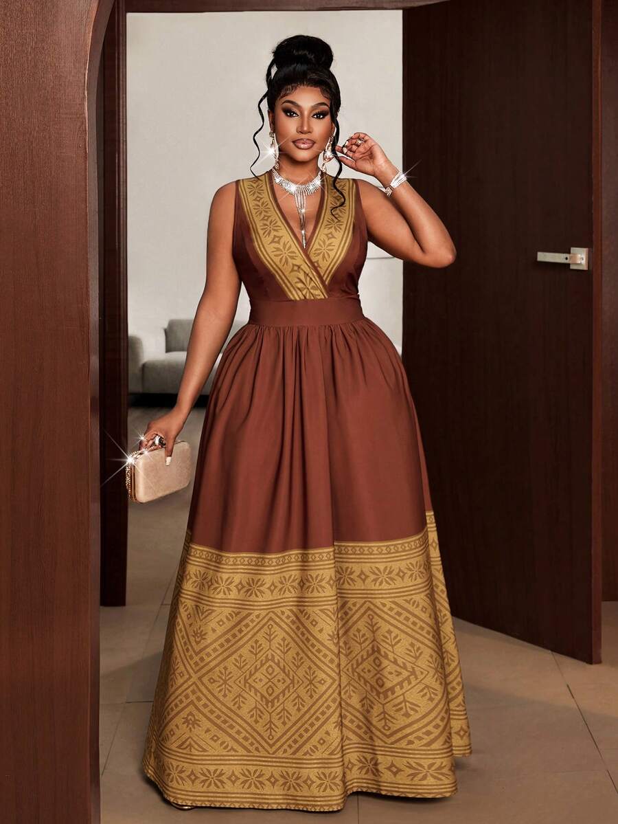 Maweii Plus Size V-Neck Geometric Pattern Ruffle Hem Sleeveless Dress - Brown - View 1