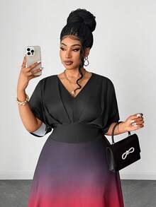 Maweii Plus Size Women Elegant Vintage Gradient Short/Long Sleeve Dress For Party - Multicolor - View 7