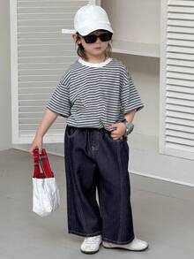 DAZY 男童弹性腰带口袋宽松阔腿休闲牛仔裤（春季款） - 寶藍色 - 查看 7